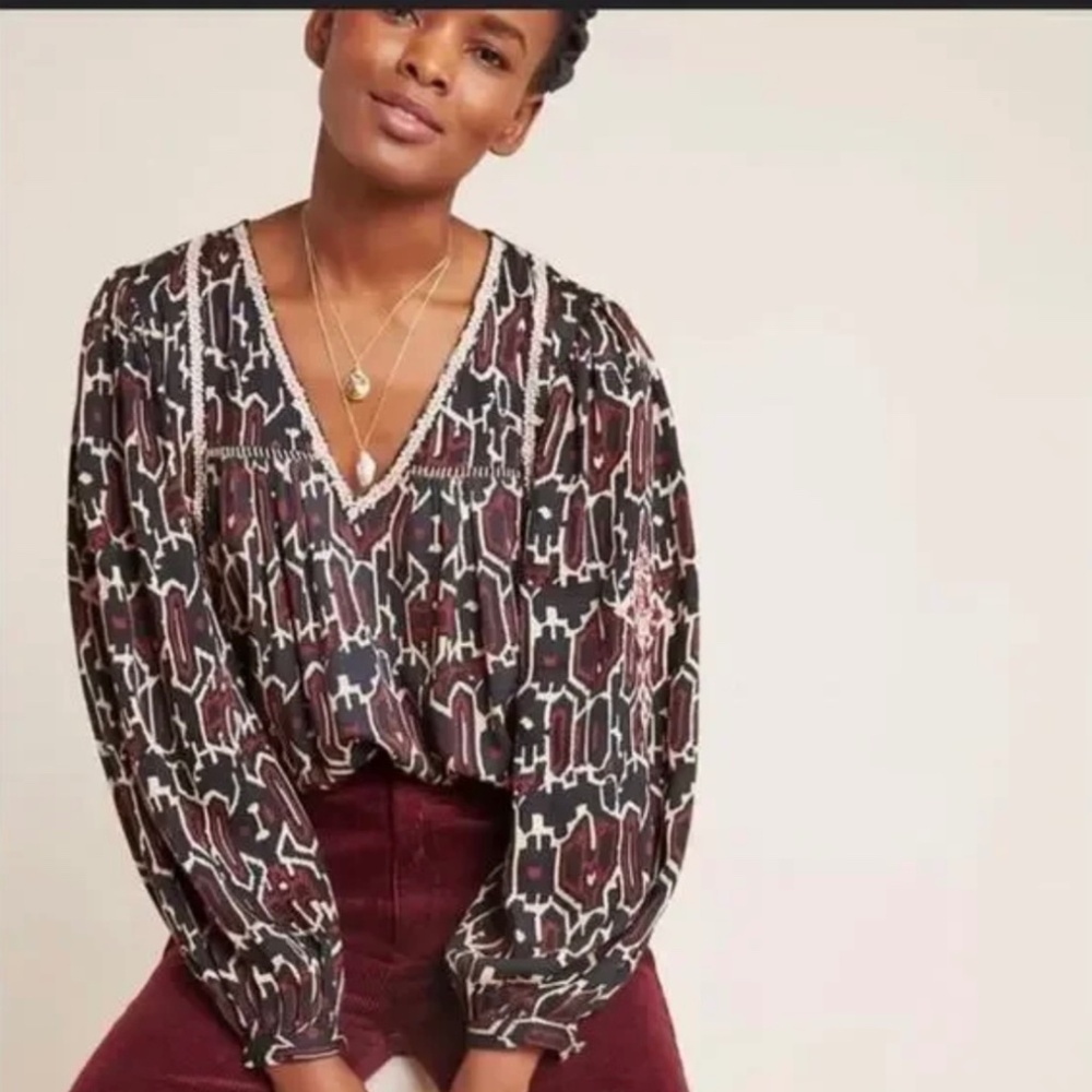 Anthropologie Maeve Veda Embroidered Blouse size XL - MWT  Motif BLACK & BROWN